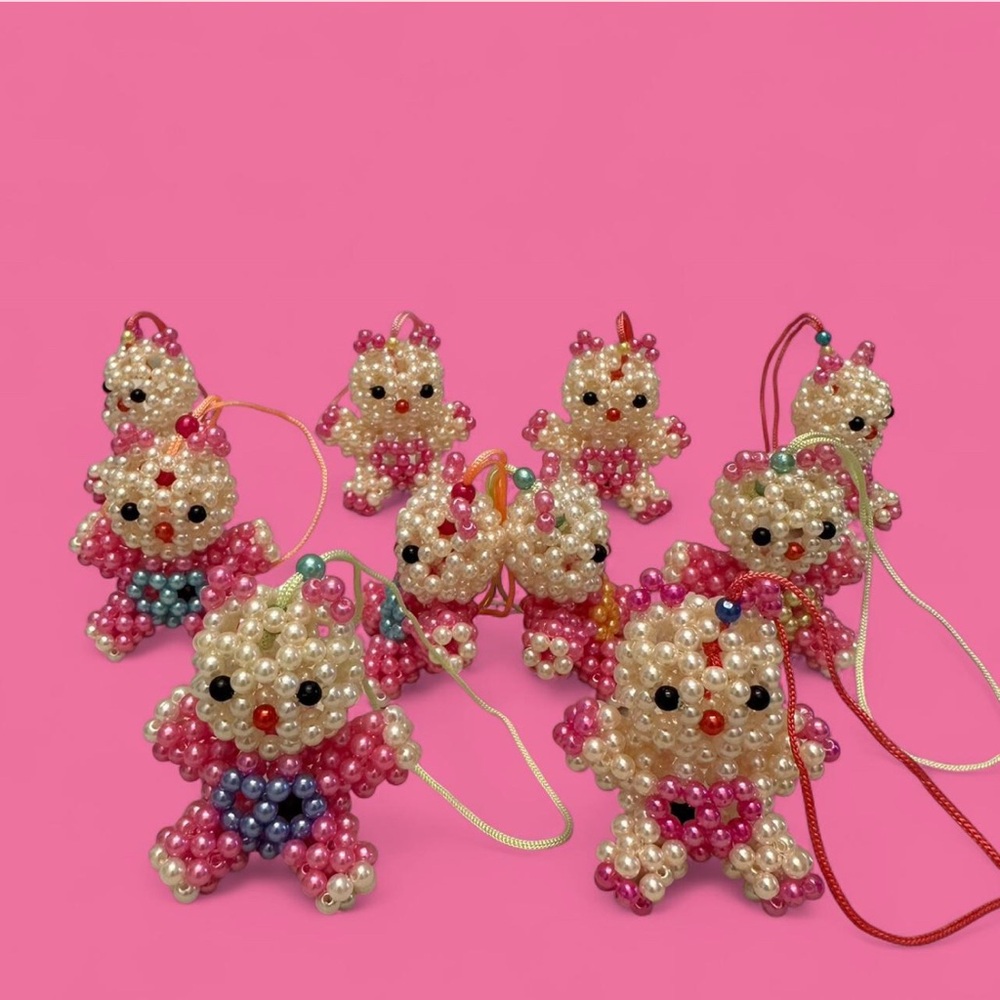 Handmade Beaded Pink Bears – 10pc Christmas Ornament Set